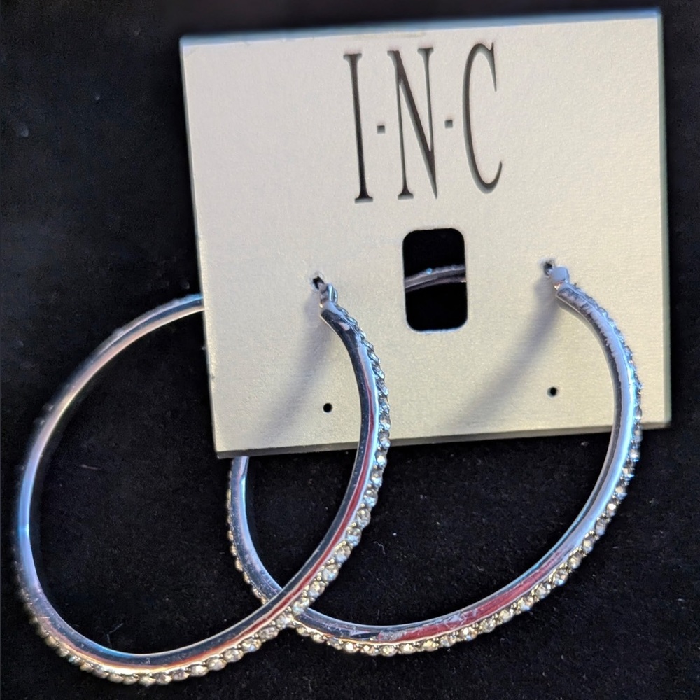 INC NWT Crystal Hoop Earrings silver tone